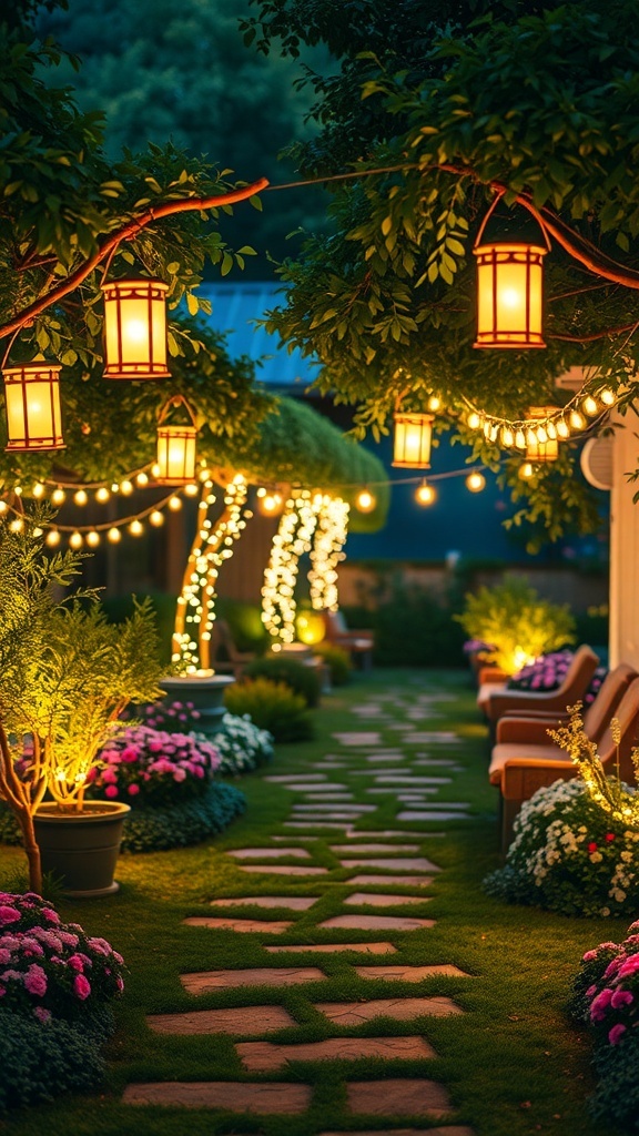 A beautifully lit garden pathway with lanterns and flowers.