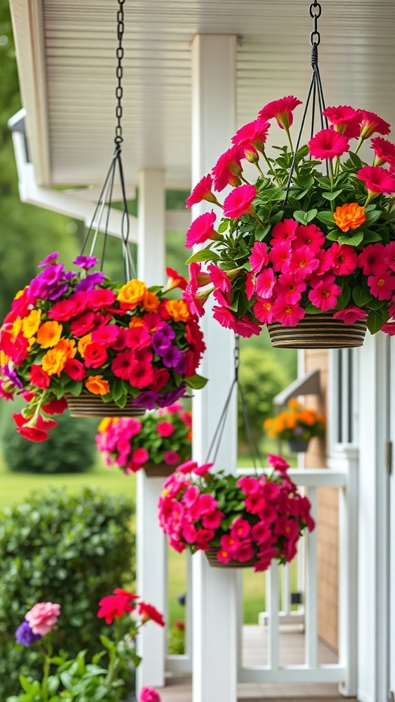 Colorful hanging flower baskets filled with petunias and marigolds