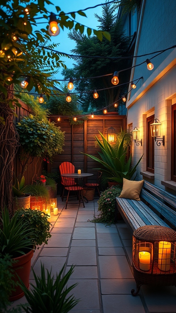 A small terrace garden illuminated with string lights and lanterns, featuring a cozy seating area.