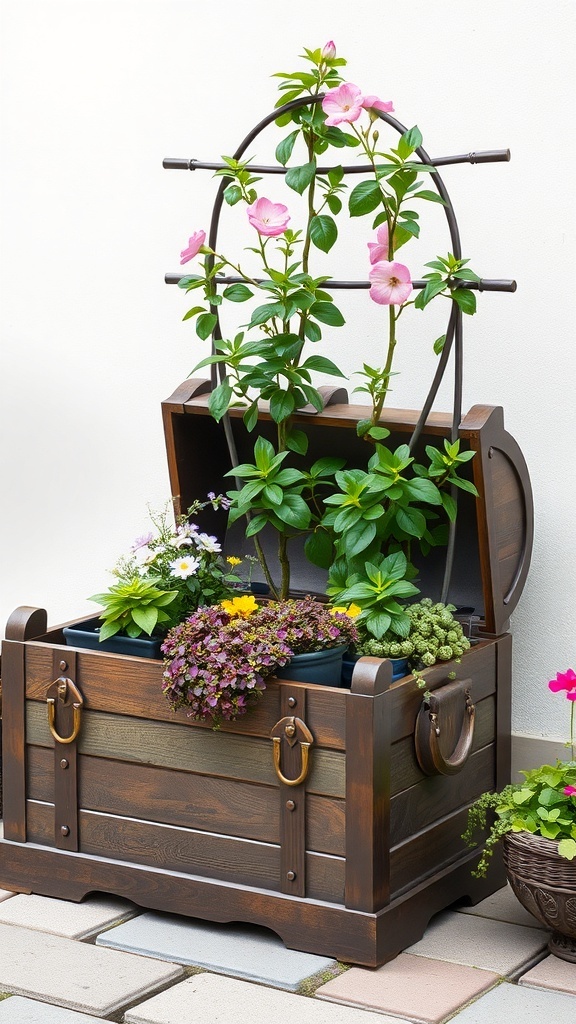 A wooden treasure chest planter with colorful flowers and a trellis.