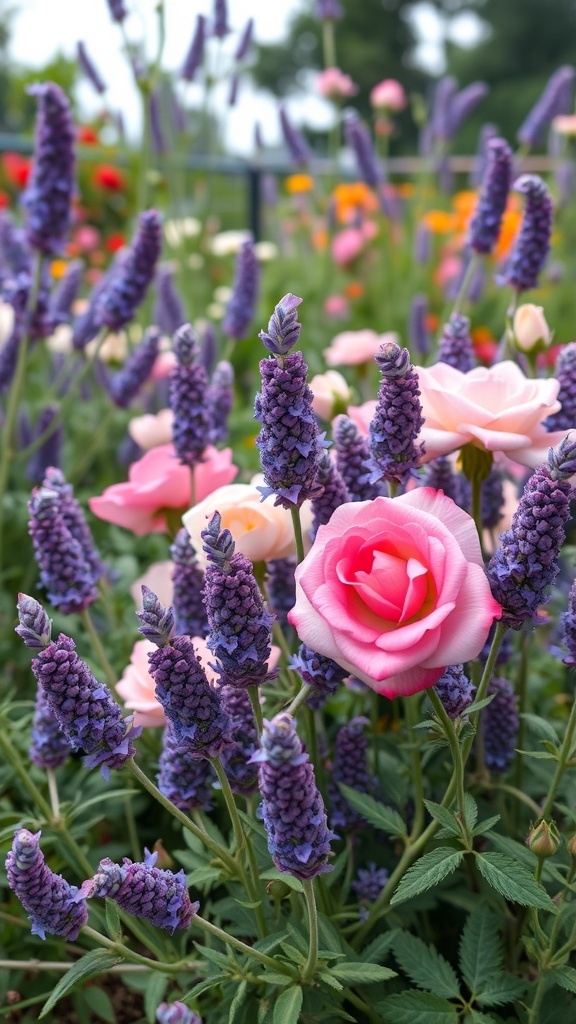 A vibrant flower garden featuring lavender and pink roses.