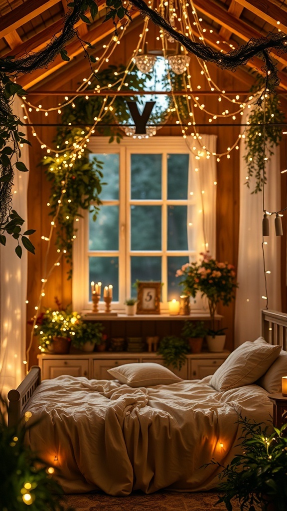 A cozy garden bedroom with fairy lights hanging from the ceiling, surrounded by plants and a soft bed.