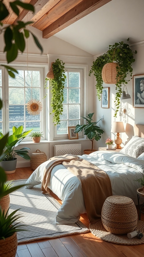 A serene garden bedroom with plants, natural light, and cozy decor.