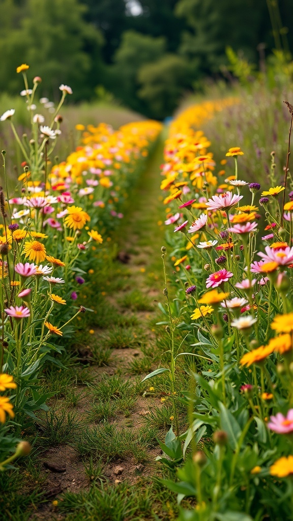 A narrow garden pathway lined with colorful wildflowers on both sides.