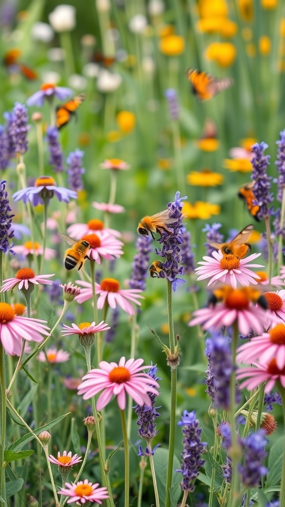 A colorful flower garden filled with daisies, lavender, and other blooms attracting bees and butterflies.