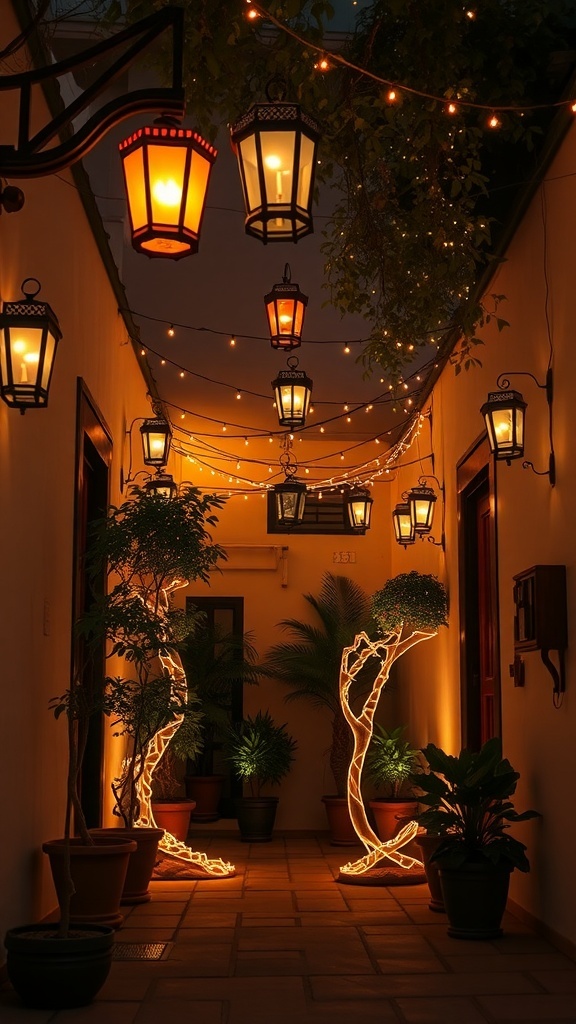 A small courtyard illuminated with hanging lanterns and string lights, surrounded by potted plants.