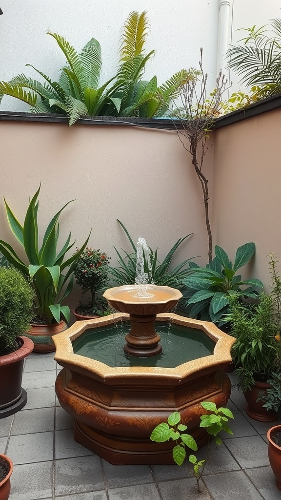 A small terrace garden featuring a fountain surrounded by various potted plants.