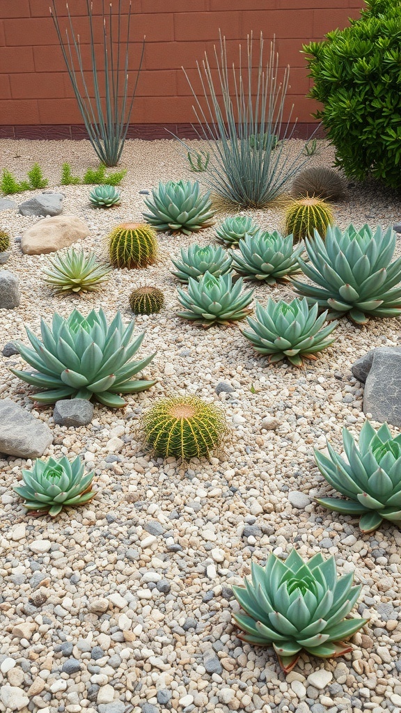 A xeriscape garden featuring various succulents, rocks, and gravel.