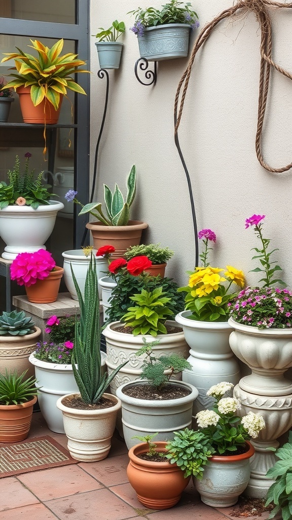 A collection of various potted plants arranged in a corner garden, showcasing colorful flowers and greenery.