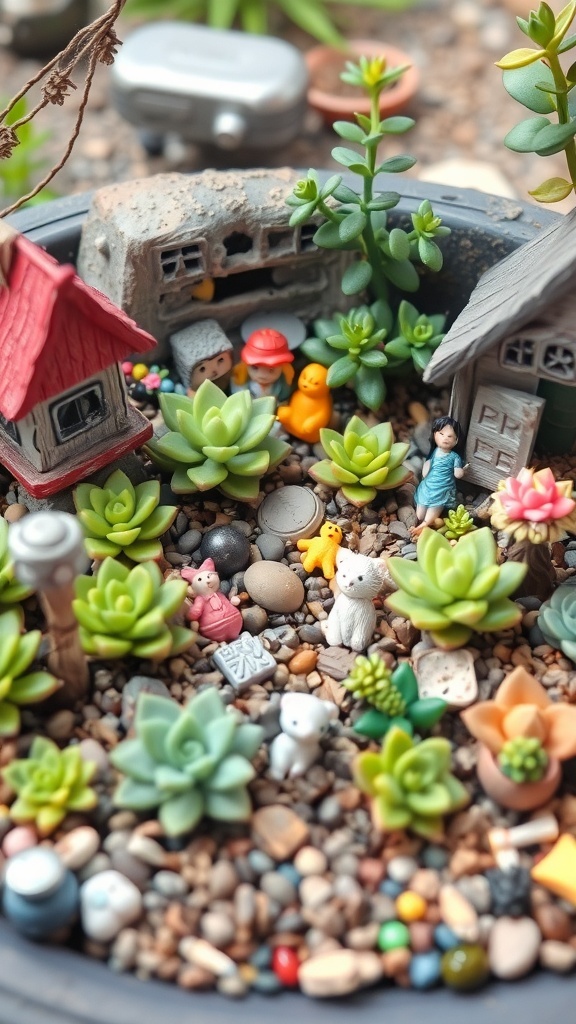 A miniature succulent garden featuring tiny houses, playful figures, and various succulent plants.