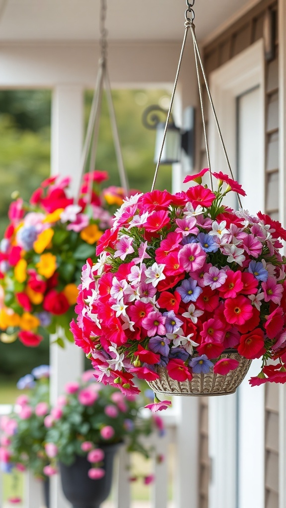 Colorful hanging flower baskets filled with various flowers.