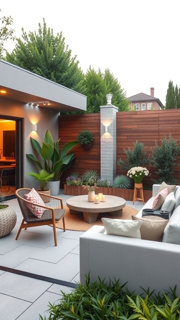 A modern outdoor living room featuring comfortable seating, a round coffee table, and greenery.