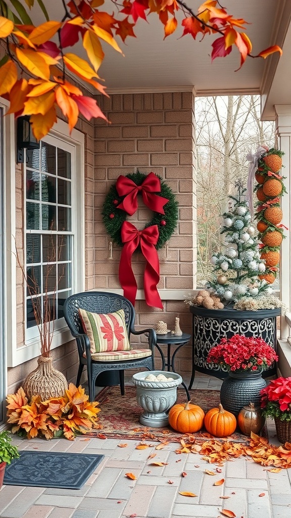 A beautifully decorated patio for fall with pumpkins, a wreath, and colorful leaves.