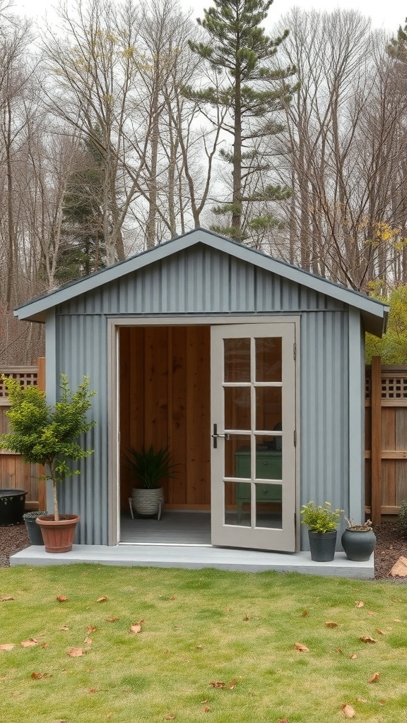 A garden shed with chic metal cladding, featuring a light blue exterior and large glass doors, surrounded by greenery.