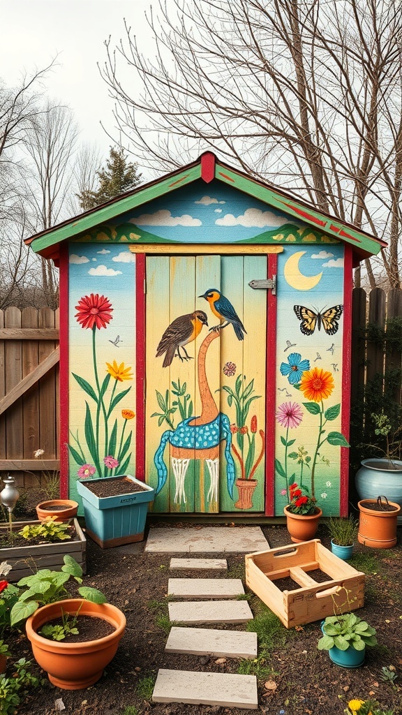A colorful garden shed with artistic murals featuring birds, flowers, and a giraffe.