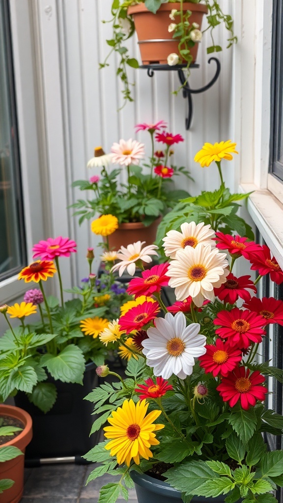 A vibrant collection of flowers in pots on a small balcony garden