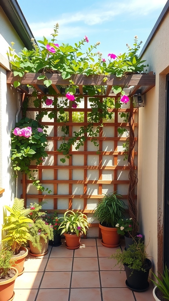 A small terrace garden featuring a wooden trellis with climbing plants and colorful flowers in pots.