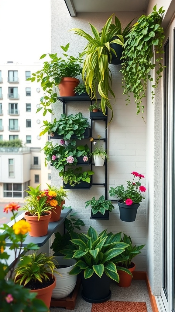 A vertical garden on a small balcony featuring various plants in pots arranged on a shelving unit.