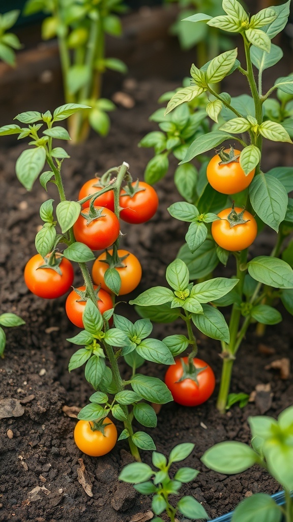 Close-up of tomato plants with ripe and unripe tomatoes in a garden setting.