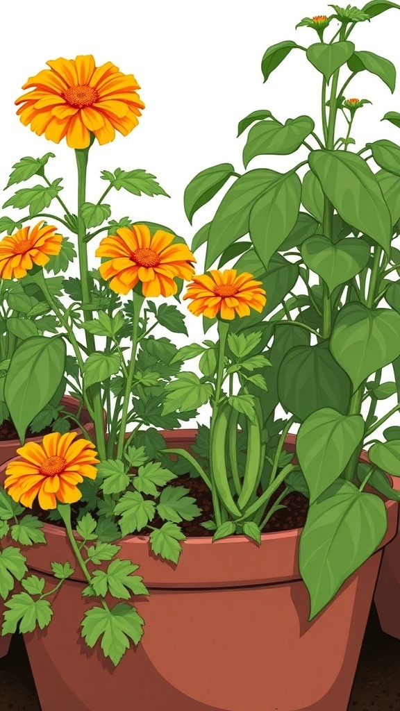 A potager garden featuring vibrant marigolds and green beans in a planter.