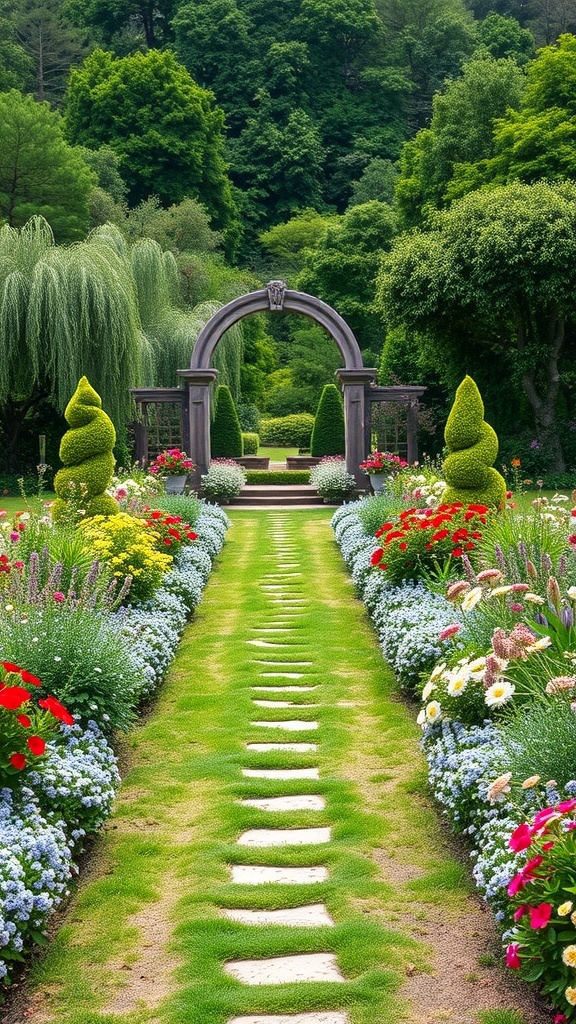 A beautiful flower pathway with colorful blooms and a decorative arch.