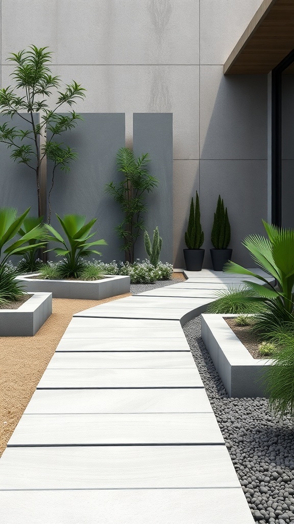 A modern garden walkway made of large concrete slabs, surrounded by greenery and decorative plants.