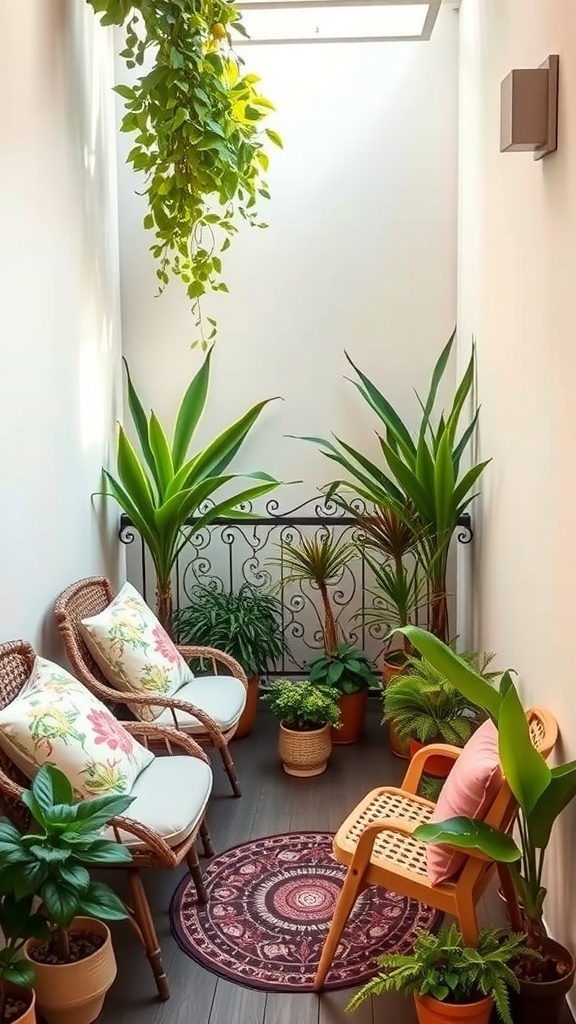 Cozy balcony seating area with wicker chairs, colorful pillows, a round rug, and various plants.