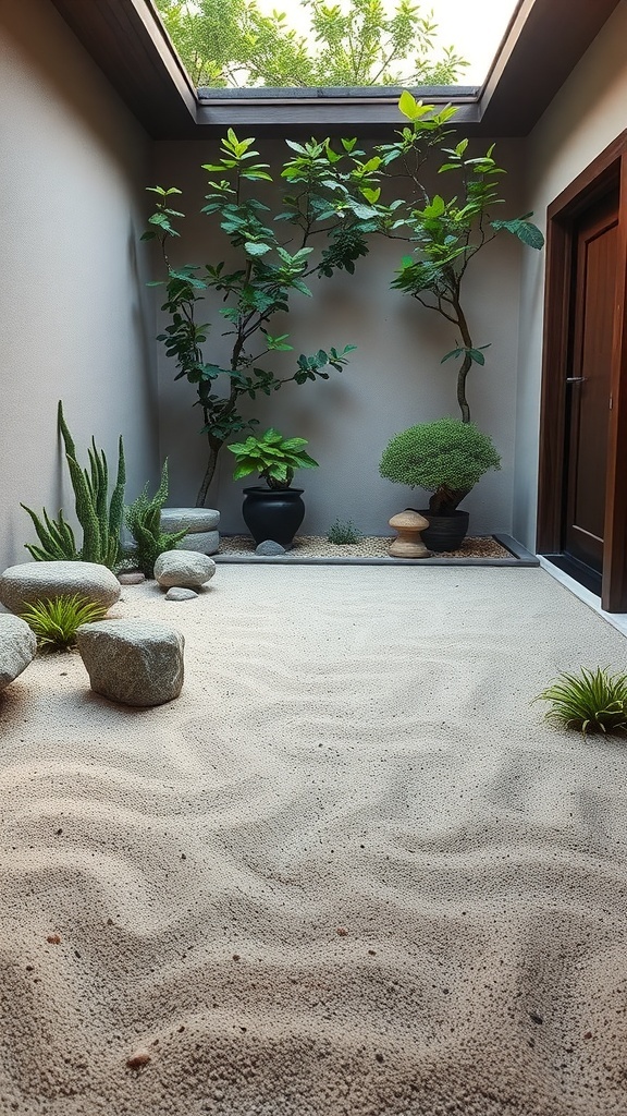 A small Zen garden courtyard with sand, rocks, and plants.
