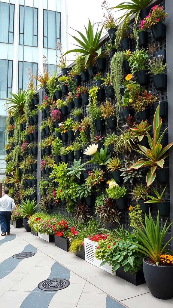 A vertical garden installation with various plants in black pots against a wall.