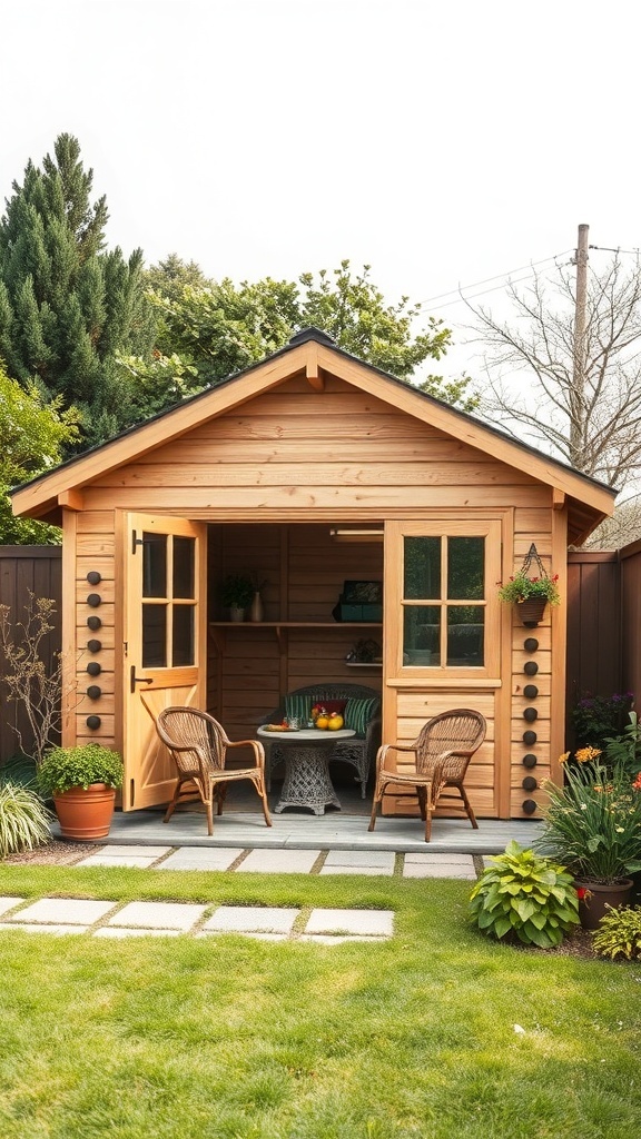 A wooden garden shed with outdoor seating area, featuring two chairs and a small table surrounded by plants.