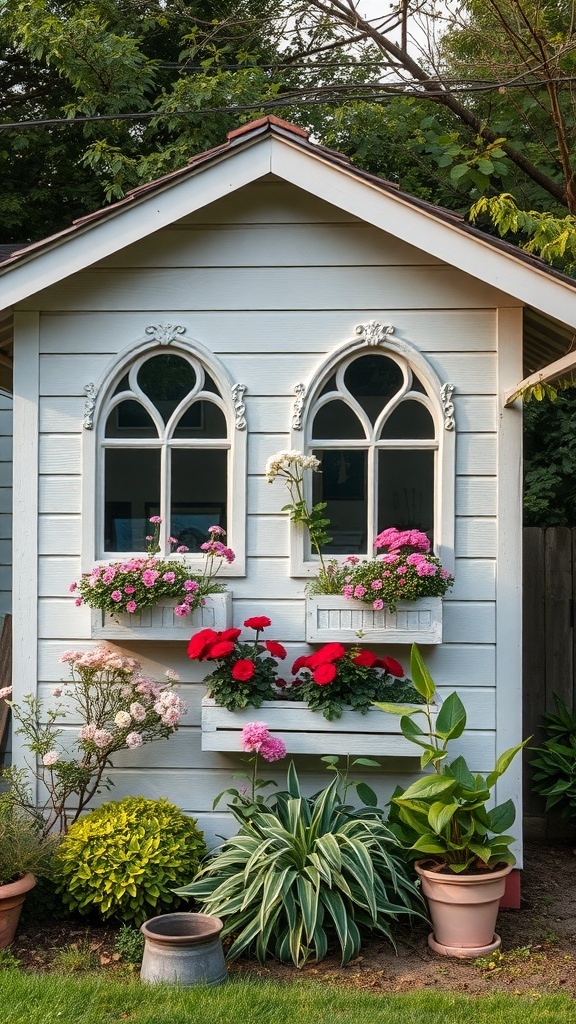 A garden shed with arched windows and flower boxes filled with colorful flowers.