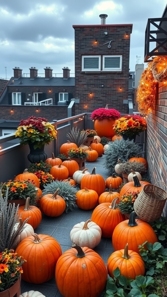A rooftop garden filled with pumpkins and flowers, decorated for autumn.