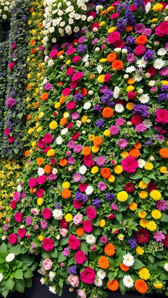 A vibrant vertical flower wall filled with various colorful flowers.