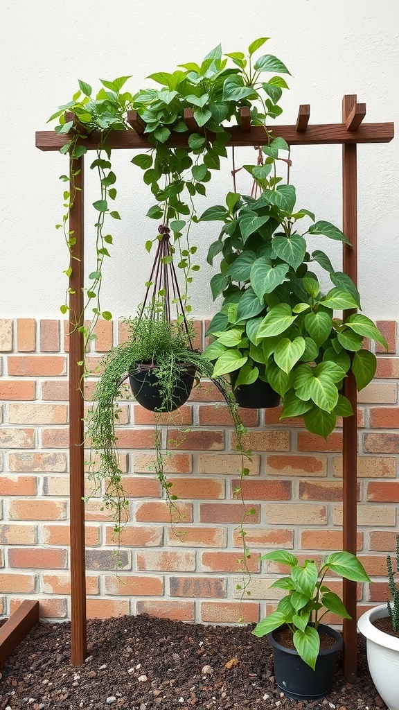 A wooden hanging trellis with various green plants in pots, set against a brick wall.
