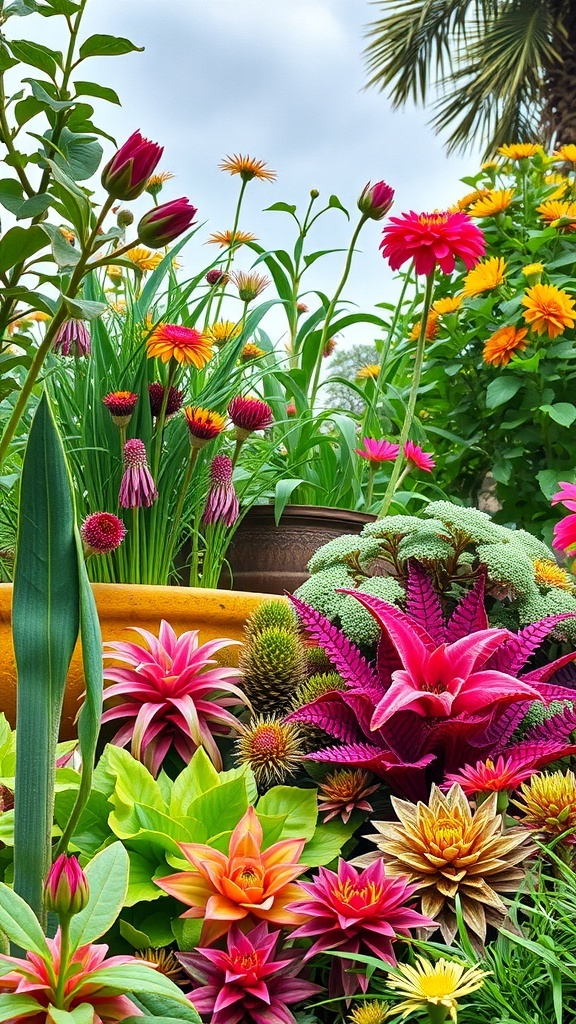 A vibrant bohemian garden with layered plants, featuring colorful flowers and lush greenery.