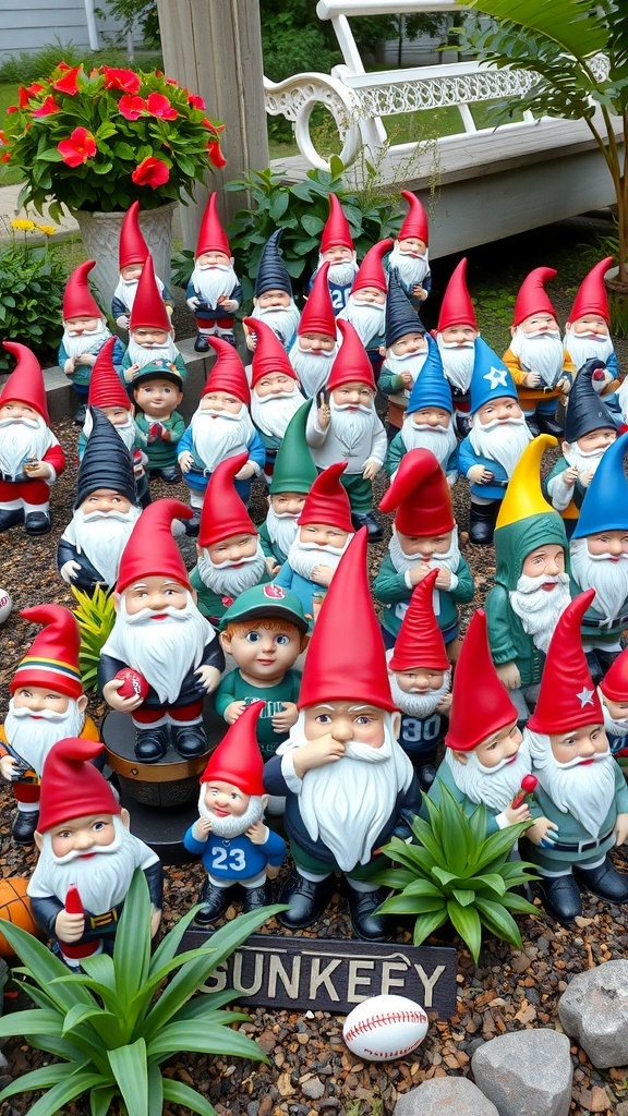 A vibrant collection of gnome garden decorations featuring various themed gnomes.