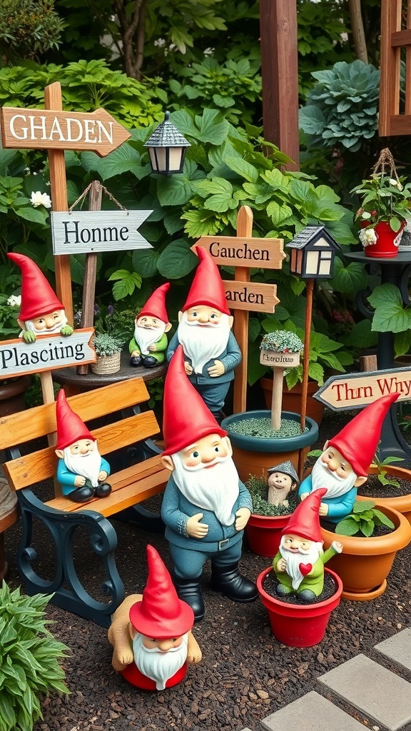 A colorful gnome garden with various gnome figures, decorative signs, and flower pots.