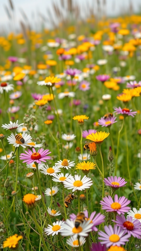 A vibrant wildflower meadow filled with daisies, poppies, and bees.