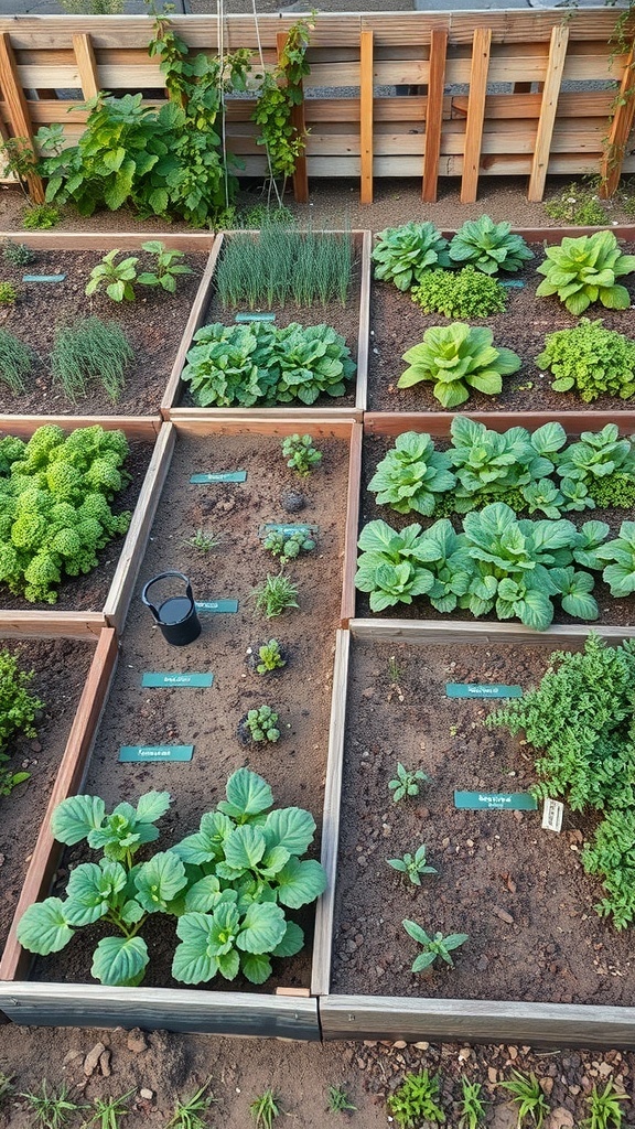 A square foot gardening layout with various vegetables and herbs organized in raised beds.