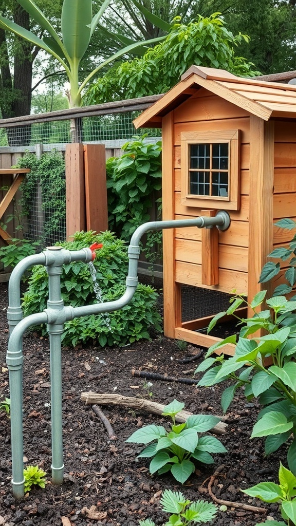 A chicken coop with a pipe watering system surrounded by plants