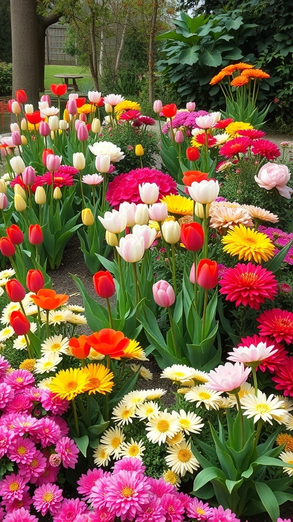 A colorful flower garden featuring tulips, daisies, and gerbera daisies in various shades.
