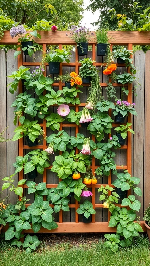 A vertical garden with a wooden trellis filled with various plants and flowers.