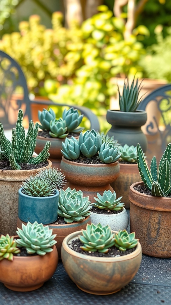 A variety of succulents arranged in different containers, showcasing their shapes and colors.