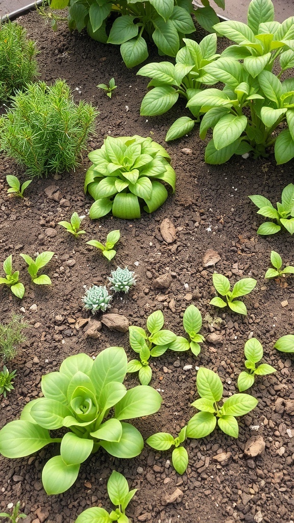 A small garden with various young plants including leafy greens and herbs in rich soil.