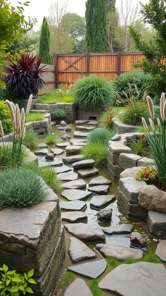 A permaculture garden featuring stone pathways, lush greenery, and a water feature.