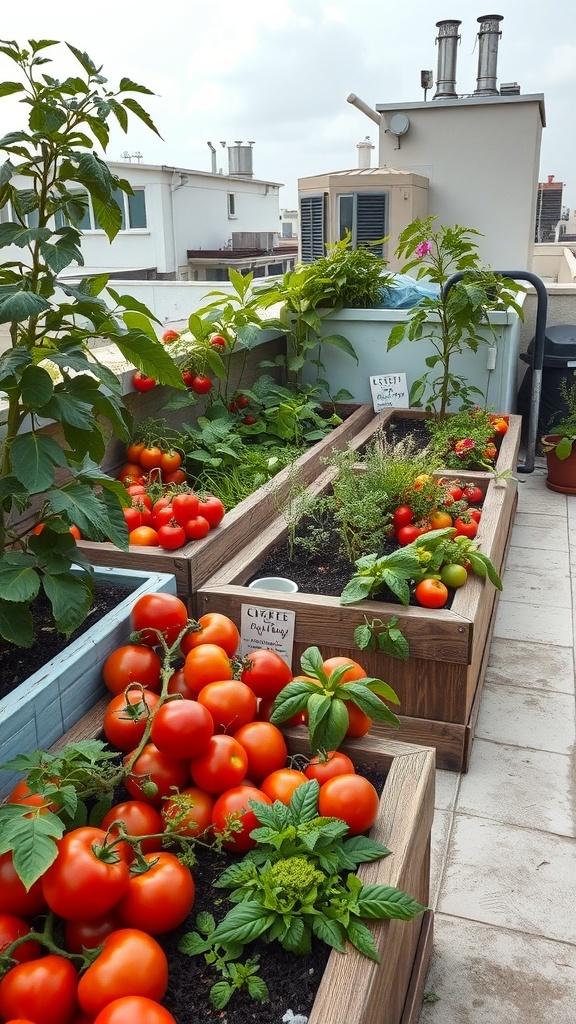 A rooftop vegetable garden with red tomatoes and various plants in wooden raised beds.
