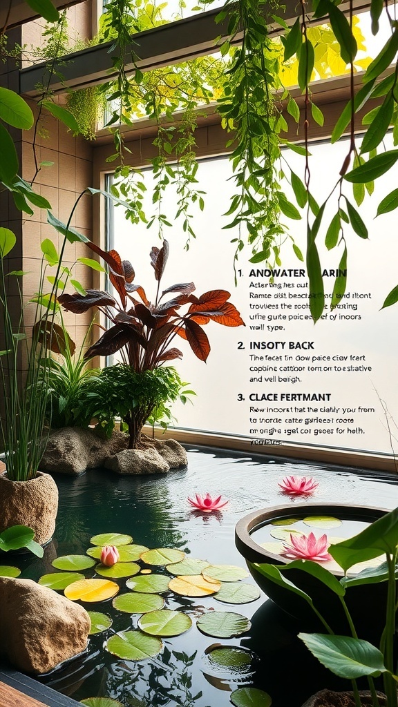 A serene indoor water garden featuring lush plants and vibrant water lilies.