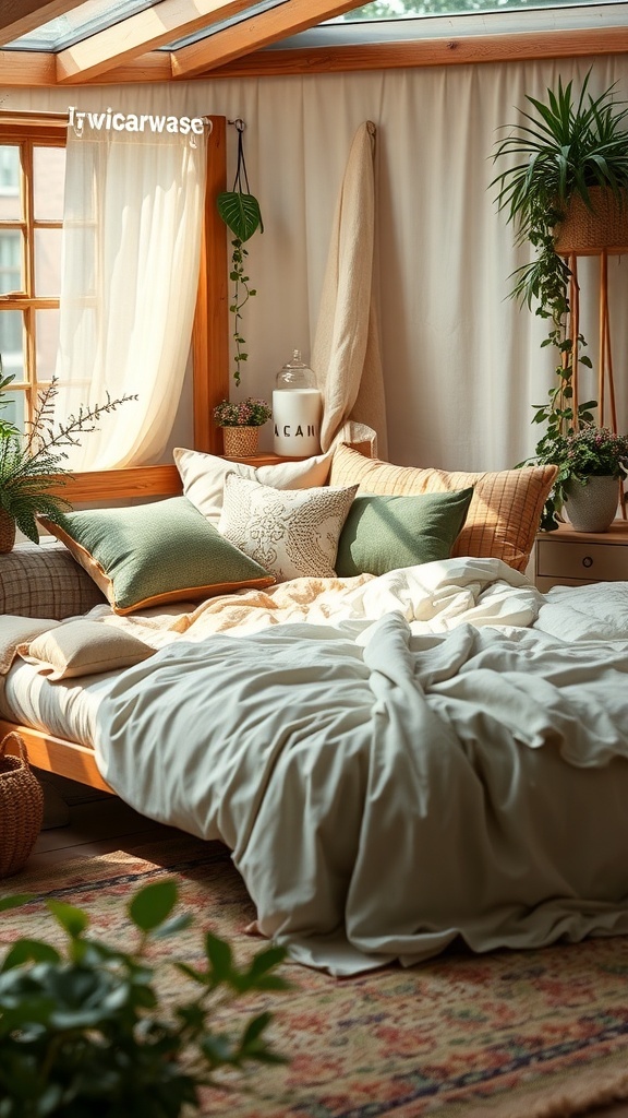 A cozy bedroom with layered textiles, featuring soft bedding, decorative pillows, and plants.