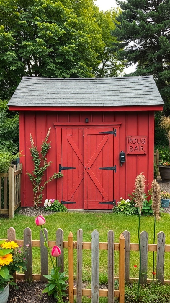 A traditional red barn-style garden shed surrounded by greenery and flowers.