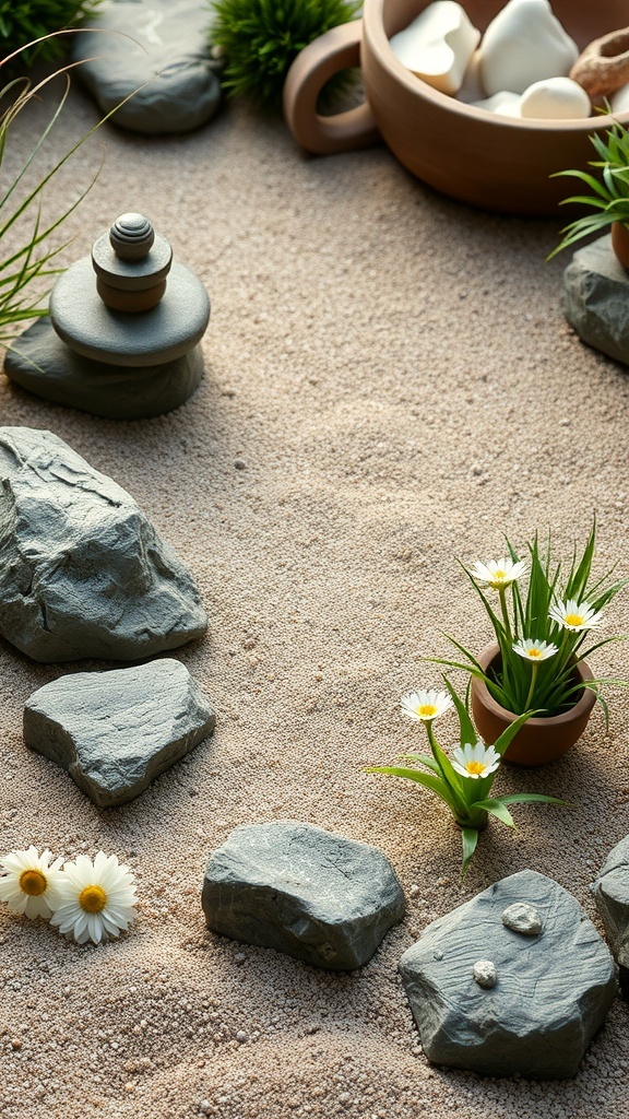 A serene Zen garden featuring smooth stones, soft sand, and flower accents.